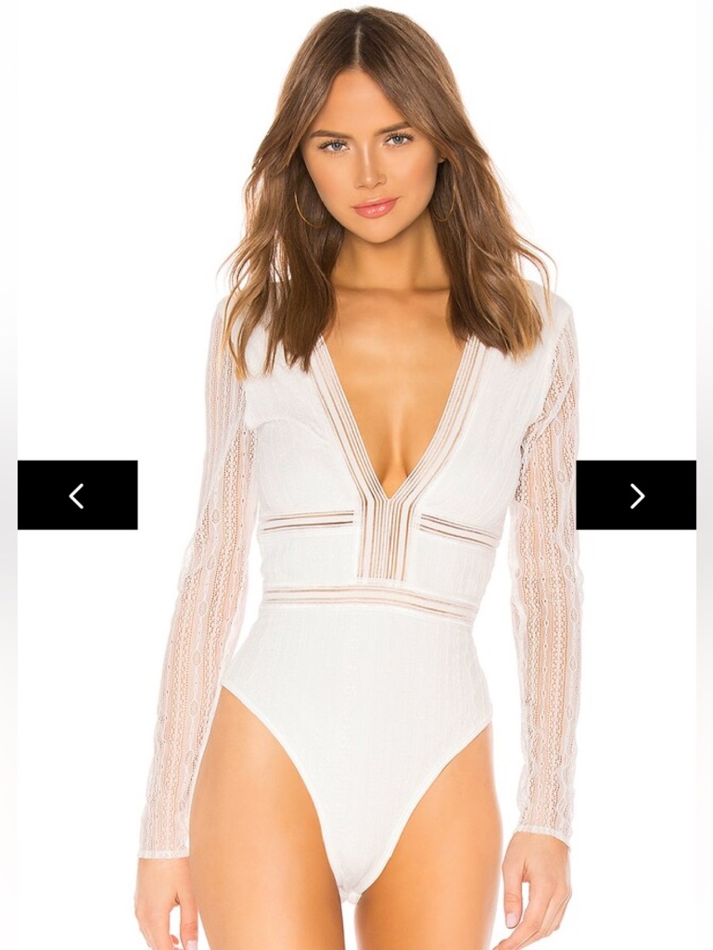 SUPERDOWN, XXS, NWT, britni deep v mesh long sleeve open back bodysuit in white
